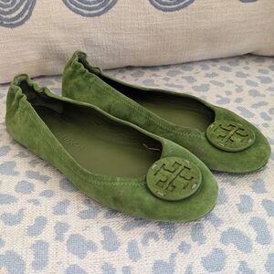 Tory Burch Green Suede Logo Ballet Flats
